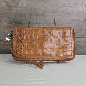 Halogen Crocodile Embossed Tan Leather Zip-around Wallet Wristlet